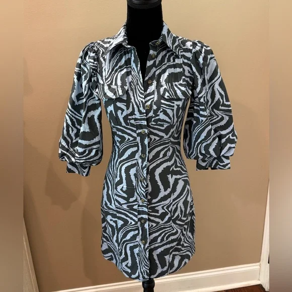 Women’s GANNI blue swirl pouf sleeve dress- Size 34 - Picture 4 of 10